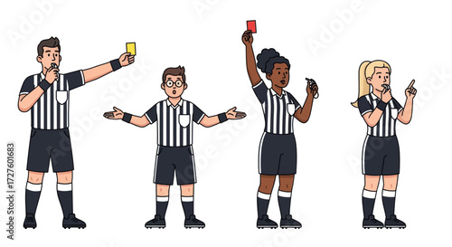 Diverse Soccer Referees Signaling Fouls and Penalties with Cards.