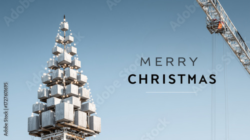crane on construction site stacking concrete blocks, shape of Christmas tree, Christmas theme in construction industry. Christmas tree, decorated with construction lights. Merry Christmas. Poster, ban