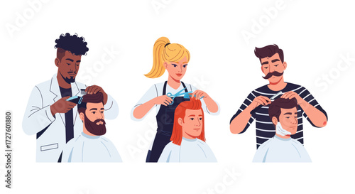 Diverse Hairstylists Giving Haircuts to Clients in a Salon Setting.