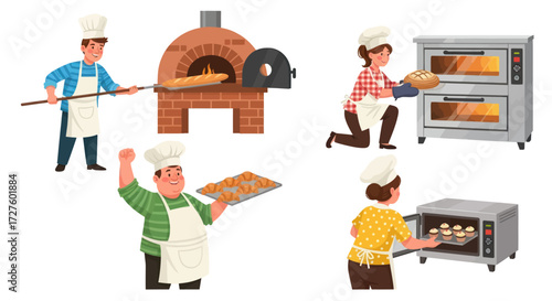 A collection of cartoon bakers men and women working with various professional ovens.