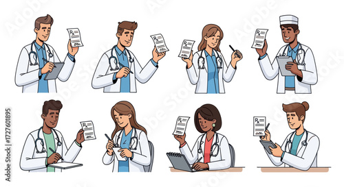 Diverse Hand-Drawn Doctors Writing Prescriptions and Holding Clipboards.