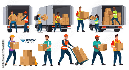 Diverse Moving Team Loading and Unloading a Truck.