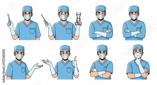 Eight Poses of a Male Surgeon in Scrubs and Mask.