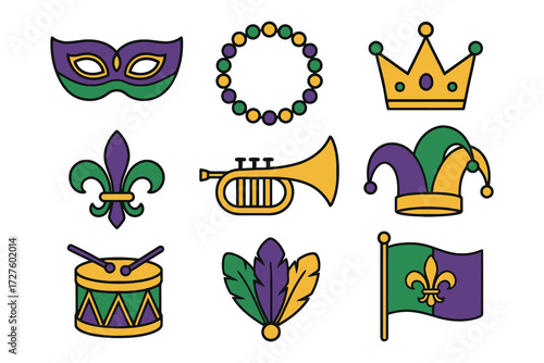 Collection of mardi gras icons including mask beads crown jester hat drum flag fleur de lis