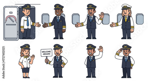 Set of diverse cartoon airline pilot and flight crew characters in uniform.