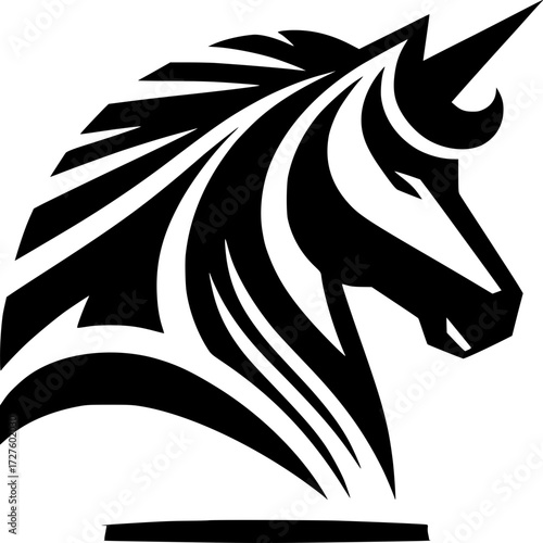 Mythical Unicorn in Art: The majestic profile of a unicorn, its horn piercing the air, is masterfully presented in a striking and timeless illustration.