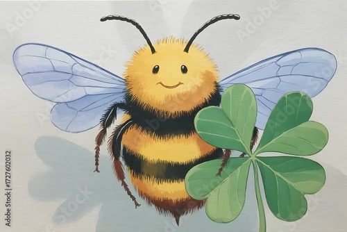 Cute Fuzzy Bumblebee Holding a Green Clover Leaf – Whimsical Watercolor-Style Illustration of a Smiling Bee with Blue Wings