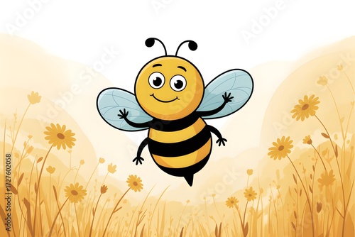 Happy Cartoon Bee Flying Over a Sunny Flower Field – Cheerful Illustration with Warm Colors and Playful Character Design