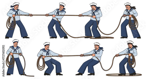 Group of Sailors Engaged in a Tug-of-War Wearing Traditional Uniforms and Pulling a Thick Rope.
