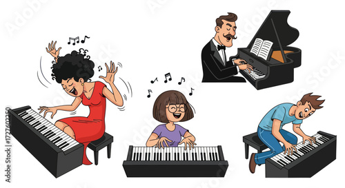 A collection of diverse cartoon characters playing the piano and electronic keyboards with various expressions.
