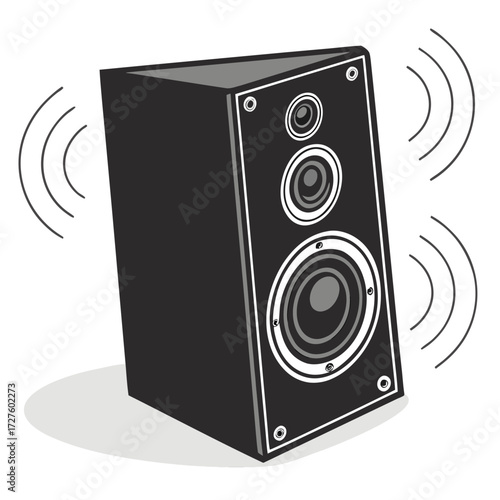 A black stereo speaker with multiple drivers emits sound waves, suggesting music or audio playback