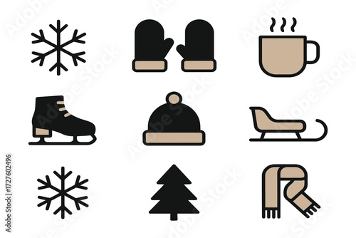 Collection of winter icons representing cold weather activities and warm clothing