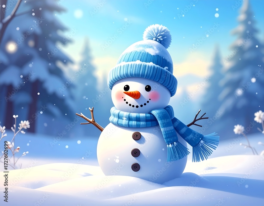 Obraz premium Cute snowman in winter scene