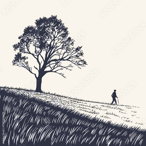 A lone figure walks with a cane up a grassy hill towards a large, bare tree under a pale sky, evoking a sense of peaceful solitude and a journey through nature