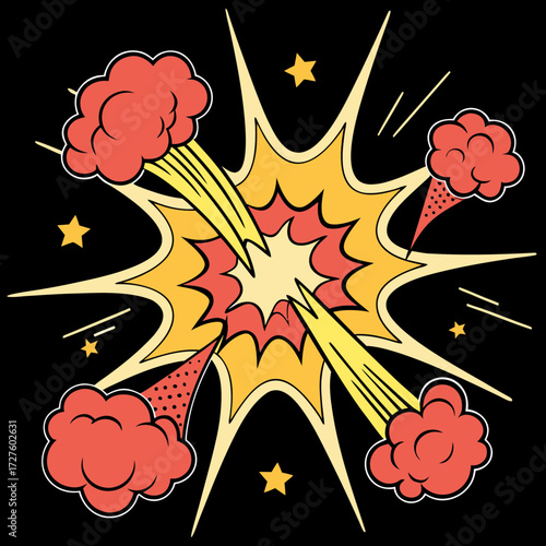 A vibrant comic book style explosion with red smoke clouds and yellow energy blasts against a black background