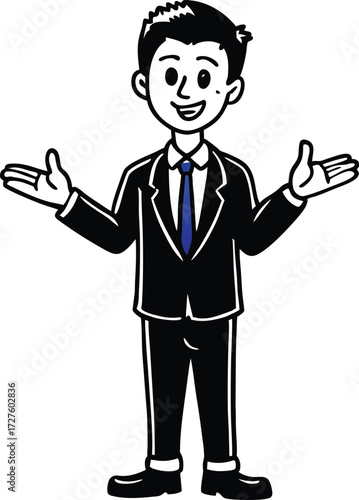 Friendly cartoon businessman in a suit with arms outstretched in a welcoming gesture offering assistance or presenting an idea