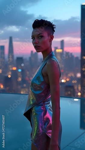 A stylish woman with an undercut haircut and an iridescent metallic outfit poses on a rooftop at dusk, overlooking a city skyline