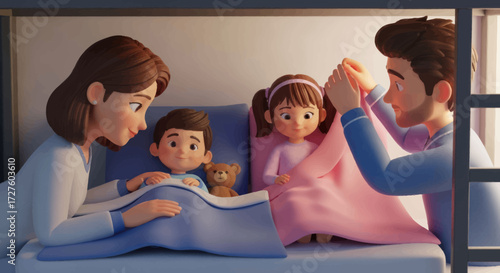 Caring parents tucking their son and daughter into a cozy bunk bed for a peaceful nights sleep.