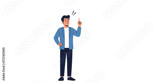A young cartoon man in a blue jacket has a brilliant idea pointing his finger upwards with inspiration.