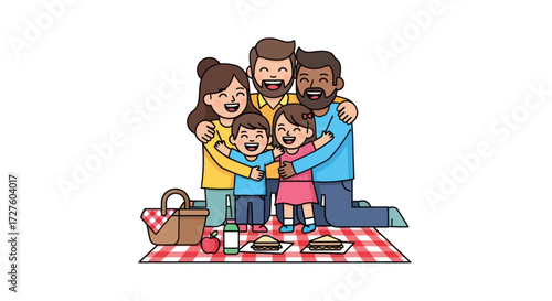 A happy diverse family with two men a woman and children hugging during an outdoor picnic.