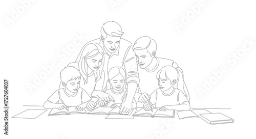 Family gathered around a table engaged in reading and learning together.