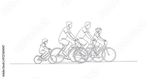 Line Drawing of Family Cycling Together on Bikes.