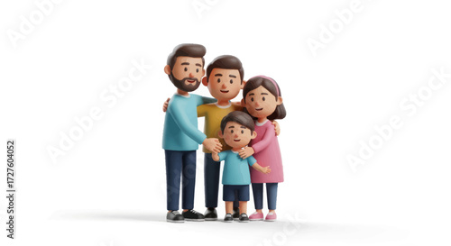 Happy 3D cartoon family of four standing together.