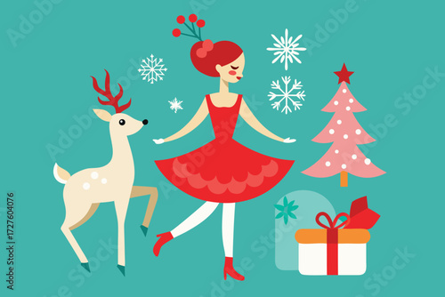 Vector art of ballerina dancing with reindeer and christmas tree on a winter turquoise day