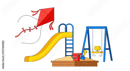 Colorful cartoon illustration of a childrens playground with a slide swing set sandbox and a red kite.