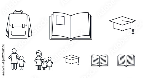 Education and Family Icons: Backpack Books Graduation Cap and Parent-Child Figures.