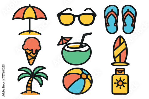 Collection of colorful summer vacation icons representing beach fun and relaxation