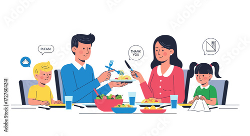 A happy cartoon family with two children eating dinner together at a table sharing food.