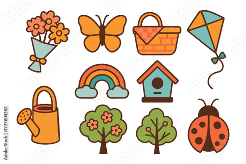 Collection of cheerful hand drawn spring and summer icons for joyful outdoor activities