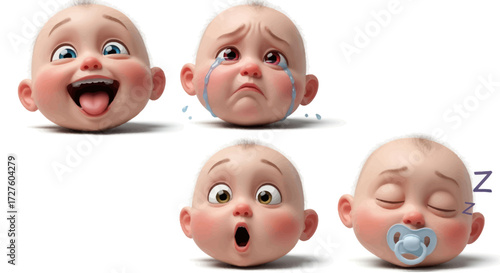 Cartoon Baby Faces Expressing Different Emotions: Joy Sadness Surprise and Sleep.