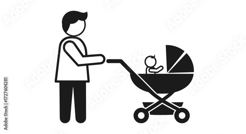 Father Pushing Baby Stroller Simple Icon Illustration.
