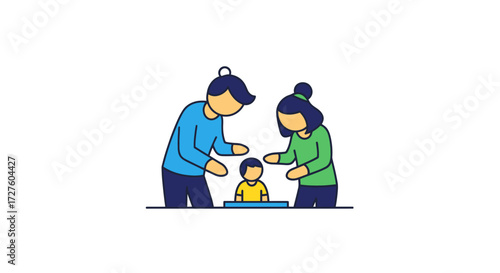 Loving parents interacting with their young child in a warm embrace.