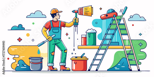 Worker in uniform using pressure washer with cleaning supplies, buckets, ladder, and foam detergent on a colorful background