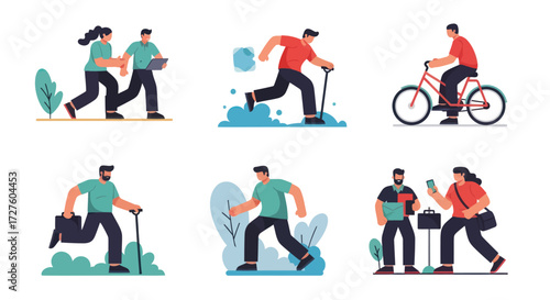 A collection of flat design vector illustrations featuring people engaged in active lifestyles walking and commuting.