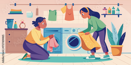 Two women folding laundry in a bright, organized laundry room with washing machine, clothes, plants, and cleaning supplies around