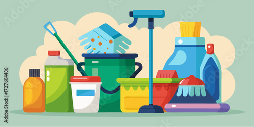 Various cleaning supplies including bottles, mop, sponge, bucket, and detergent containers arranged on a colorful background