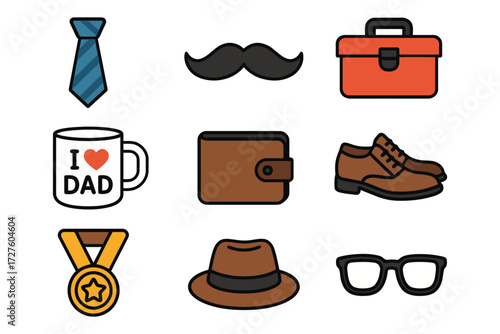 Collection of father s day icons representing dad s hobbies and style