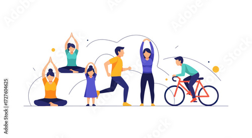 Group of People Exercising: Yoga Running Cycling and Stretching.