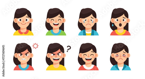 Diverse Cartoon Girl Expressions Showing Various Emotions and Feelings.