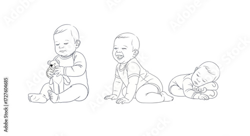 A set of hand-drawn pencil sketches of a baby sitting crawling and sleeping.