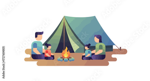 Family Camping Trip Illustration with Campfire and Tent.