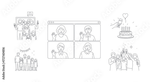 Online Celebration with People on Video Call and Birthday Cake Line Art.