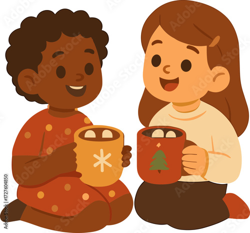 Two happy girls sit together, holding mugs of hot chocolate with marshmallows, enjoying a cozy holiday moment.