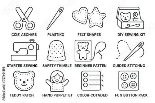 Sewing needle starter icon kit hand vector safety felt icons kids stitching