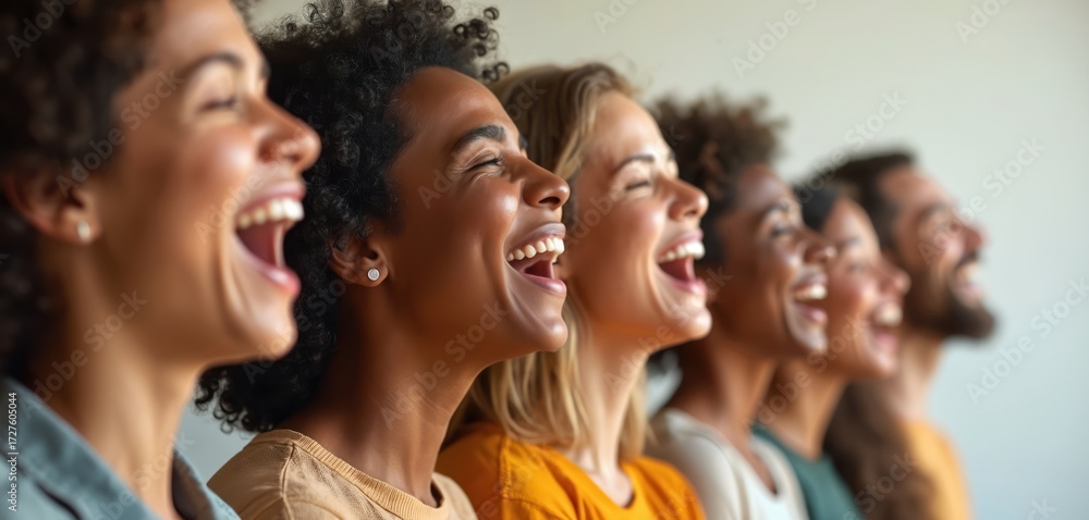Obraz premium Diverse group of people laughing with joy, mouths wide open showing happiness. Friends share a moment of pure bliss and unity, expressing positive emotions. Group connection and laughter.