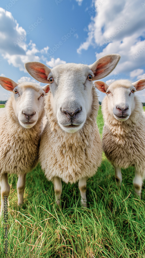 Fototapeta premium Three curious sheep exploring a green field on a sunny day in a natural habitat